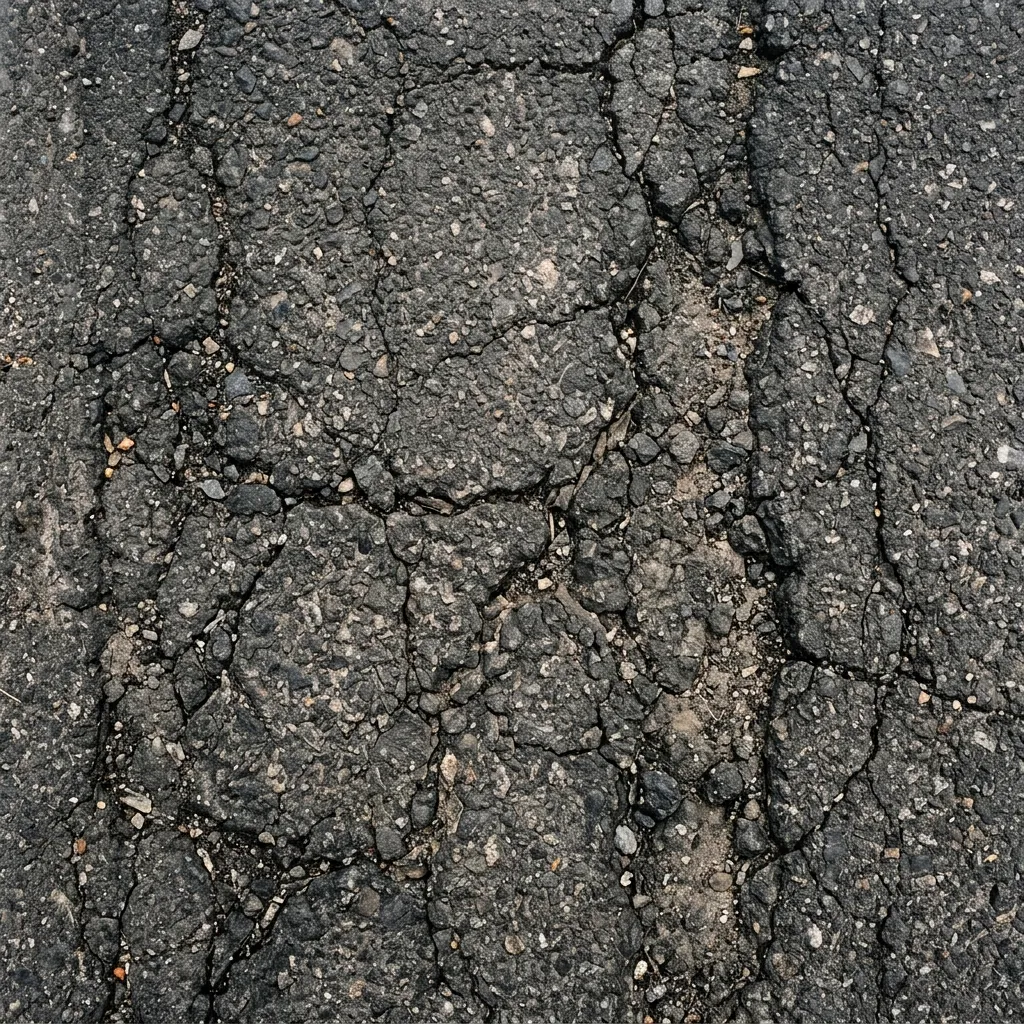 A flat photograph of rough cracked asphalt