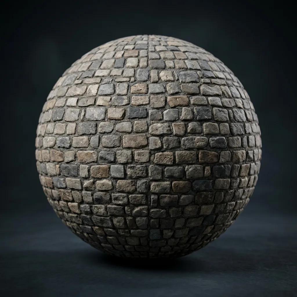 A 3D rendered sphere featuring a highly detailed, seamless cobblestone texture